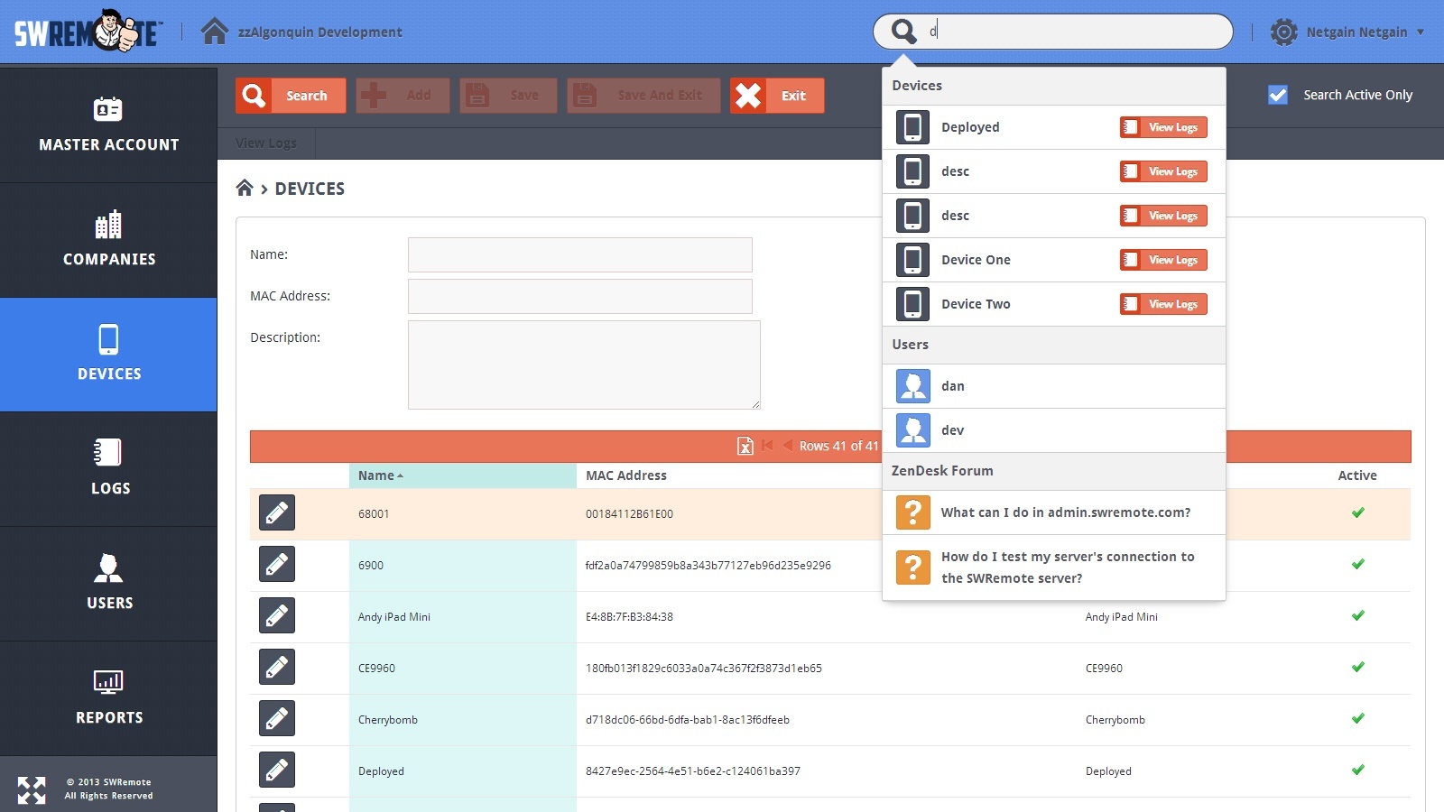 SWRemote SRS Application Devices Page